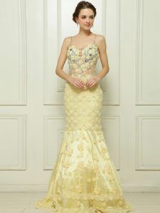 Mermaid Light Yellow Side Zipper Spaghetti Straps Beading and Hand Made Flower Prom Dress Tulle Sleeveless Brush Train