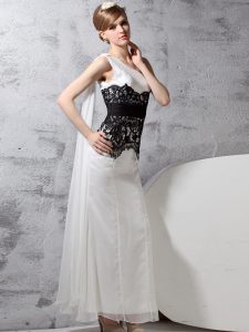 Fashion One Shoulder White And Black Column/Sheath Lace Dress for Prom Side Zipper Chiffon Sleeveless Floor Length