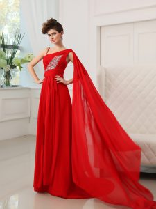 Modern Court Train Column/Sheath Mother Of The Bride Dress Red One Shoulder Chiffon Sleeveless With Train Zipper