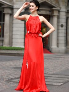 Edgy Scoop Coral Red Sleeveless Beading and Appliques Floor Length Homecoming Dress