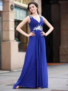 Floor Length Blue Prom Gown V-neck Sleeveless Zipper