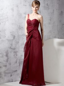 Sophisticated One Shoulder Sleeveless Zipper Floor Length Beading and Ruching
