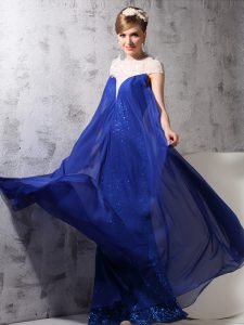 Floor Length Royal Blue Mother Of The Bride Dress Chiffon and Sequined Sleeveless Lace and Sequins