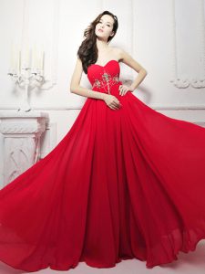 Fashion Red Zipper Sweetheart Beading Homecoming Dress Chiffon Sleeveless Sweep Train