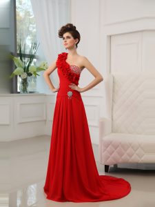 Romantic Red Zipper One Shoulder Beading and Hand Made Flower Dress for Prom Satin Sleeveless Court Train