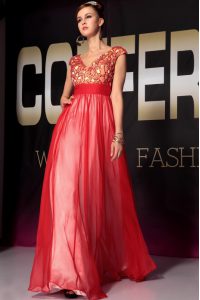 Red Empire Organza V-neck Short Sleeves Appliques and Belt Floor Length Side Zipper Prom Party Dress