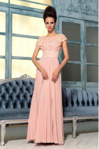 Eye-catching Chiffon Cap Sleeves Floor Length Dress for Prom and Lace and Hand Made Flower