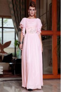 Pink Chiffon Side Zipper Bateau Cap Sleeves Ankle Length Prom Party Dress Beading and Ruching
