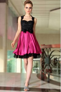 Pink And Black Empire Straps Sleeveless Satin Knee Length Side Zipper Beading Evening Dress