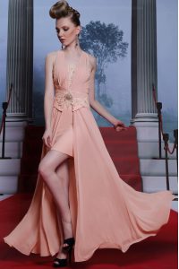 Fashionable Pink Mother Of The Bride Dress Prom and Party and For with Beading and Appliques V-neck Sleeveless Clasp Handle