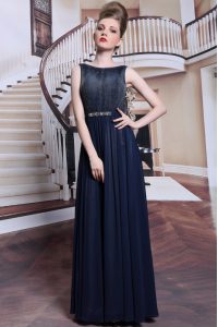 Beauteous Bateau Sleeveless Prom Evening Gown Floor Length Beading and Appliques Navy Blue Chiffon