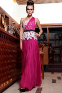 One Shoulder Sleeveless Side Zipper Ankle Length Beading and Appliques and Ruching