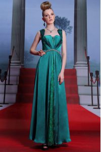 Sleeveless Elastic Woven Satin Ankle Length Zipper Mother Of The Bride Dress in Peacock Green with Beading and Lace