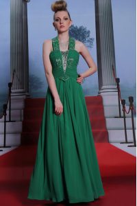 Colorful Halter Top Sleeveless Chiffon Dress for Prom Beading and Ruching Zipper