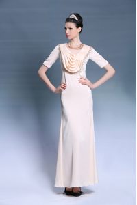 High Quality Scoop Champagne Chiffon Zipper Short Sleeves Floor Length Beading and Ruching