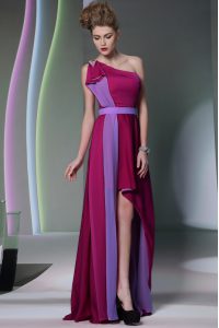 Burgundy Column/Sheath Chiffon One Shoulder Sleeveless Beading and Sashes ribbons High Low Side Zipper Prom Evening Gown