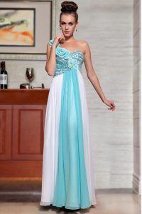 Sleeveless Ankle Length Beading and Sequins and Hand Made Flower Side Zipper Mother Of The Bride Dress with Blue And White