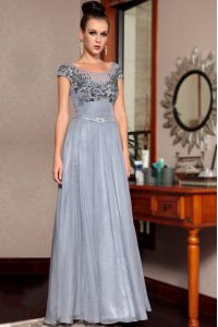 Shining Scoop Grey Cap Sleeves Floor Length Beading and Sequins and Ruching and Belt Side Zipper Prom Evening Gown