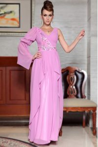 Lilac Column/Sheath Beading and Ruching and Pattern Evening Dress Side Zipper Chiffon Long Sleeves Ankle Length
