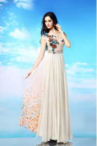 White Column/Sheath Chiffon Scoop Sleeveless Appliques and Ruching and Pattern Ankle Length Side Zipper Evening Dress