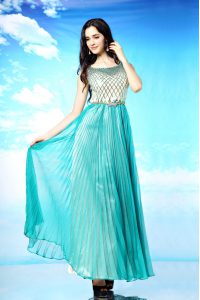 Fantastic Scoop Pleated Turquoise Sleeveless Chiffon Side Zipper Mother Of The Bride Dress for Prom and Party