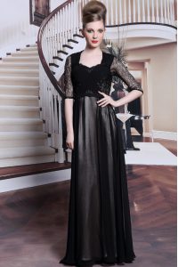 High Quality Pleated Floor Length Empire Half Sleeves Black Mother Of The Bride Dress Zipper
