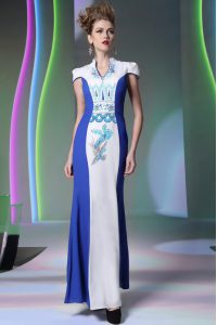 Great Floor Length Blue And White Mother Of The Bride Dress V-neck Cap Sleeves Zipper