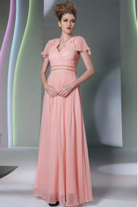 Custom Design Pink Chiffon Side Zipper Prom Dresses Cap Sleeves Floor Length Beading and Ruching
