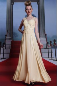 Light Yellow Mother Of The Bride Dress Prom and Party and For with Beading and Ruching V-neck Sleeveless Side Zipper