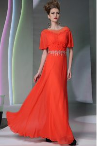 Scoop Ankle Length Column/Sheath Short Sleeves Coral Red Evening Dress Side Zipper