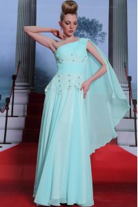 Stylish One Shoulder Sleeveless Side Zipper Mother Of The Bride Dress Turquoise Chiffon