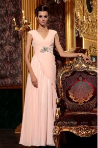 Best Baby Pink Column/Sheath Chiffon V-neck Cap Sleeves Beading and Embroidery and Ruching Floor Length Side Zipper Homecoming Dress
