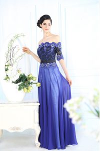 Admirable Blue Chiffon Zipper Scalloped Half Sleeves Floor Length Mother Of The Bride Dress Beading and Appliques