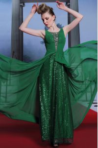 Dark Green Side Zipper Prom Dress Beading Sleeveless Floor Length