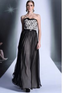 Top Selling Strapless Sleeveless Evening Dress Floor Length Appliques Black Chiffon