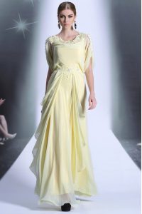 Scoop Light Yellow Organza Zipper Mother Of The Bride Dress Short Sleeves Floor Length Lace and Ruffles