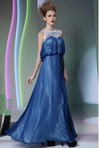 Custom Made Scoop Navy Blue Sleeveless Beading Floor Length Prom Party Dress