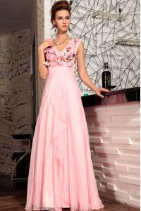 Free and Easy Baby Pink Sleeveless Floor Length Appliques Zipper Mother Of The Bride Dress