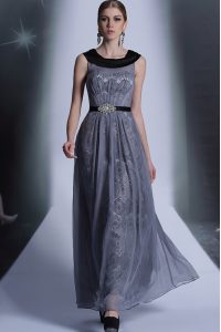 Grey Tulle Side Zipper Scoop Sleeveless Floor Length Mother Of The Bride Dress Belt