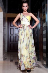 One Shoulder Floor Length Side Zipper Homecoming Dress Light Yellow for Prom and Party with Beading and Pattern