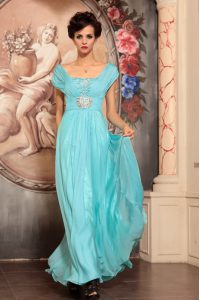Off the Shoulder Aqua Blue Chiffon Side Zipper Prom Party Dress Cap Sleeves Floor Length Beading