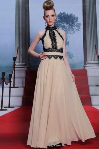 High Quality Champagne Chiffon Criss Cross High-neck Sleeveless Floor Length Mother Of The Bride Dress Beading