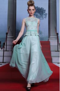 Excellent Scoop Sleeveless Mother Of The Bride Dress Floor Length Lace and Belt Light Blue Chiffon