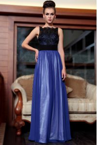 Trendy Blue And Black Sleeveless Floor Length Beading and Appliques Side Zipper Homecoming Dress
