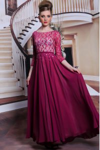 Modern Fuchsia Column/Sheath Chiffon Bateau 3 4 Length Sleeve Lace and Sequins Floor Length Zipper Mother Of The Bride Dress