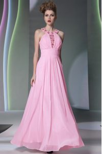 Chiffon Halter Top Sleeveless Side Zipper Beading Dress for Prom in Rose Pink