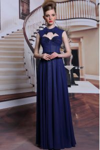 Navy Blue Sleeveless Beading Floor Length Prom Gown