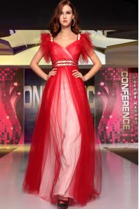 Flirting Red Organza Zipper V-neck Sleeveless Floor Length Mother Of The Bride Dress Beading