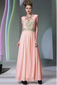 Beautiful Pink Column/Sheath Sweetheart Cap Sleeves Chiffon Ankle Length Side Zipper Embroidery and Ruching Mother Of The Bride Dress