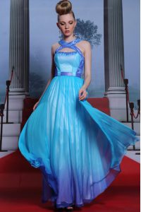 Custom Fit Blue Mother Of The Bride Dress Prom and For with Beading and Belt Scoop Sleeveless Zipper